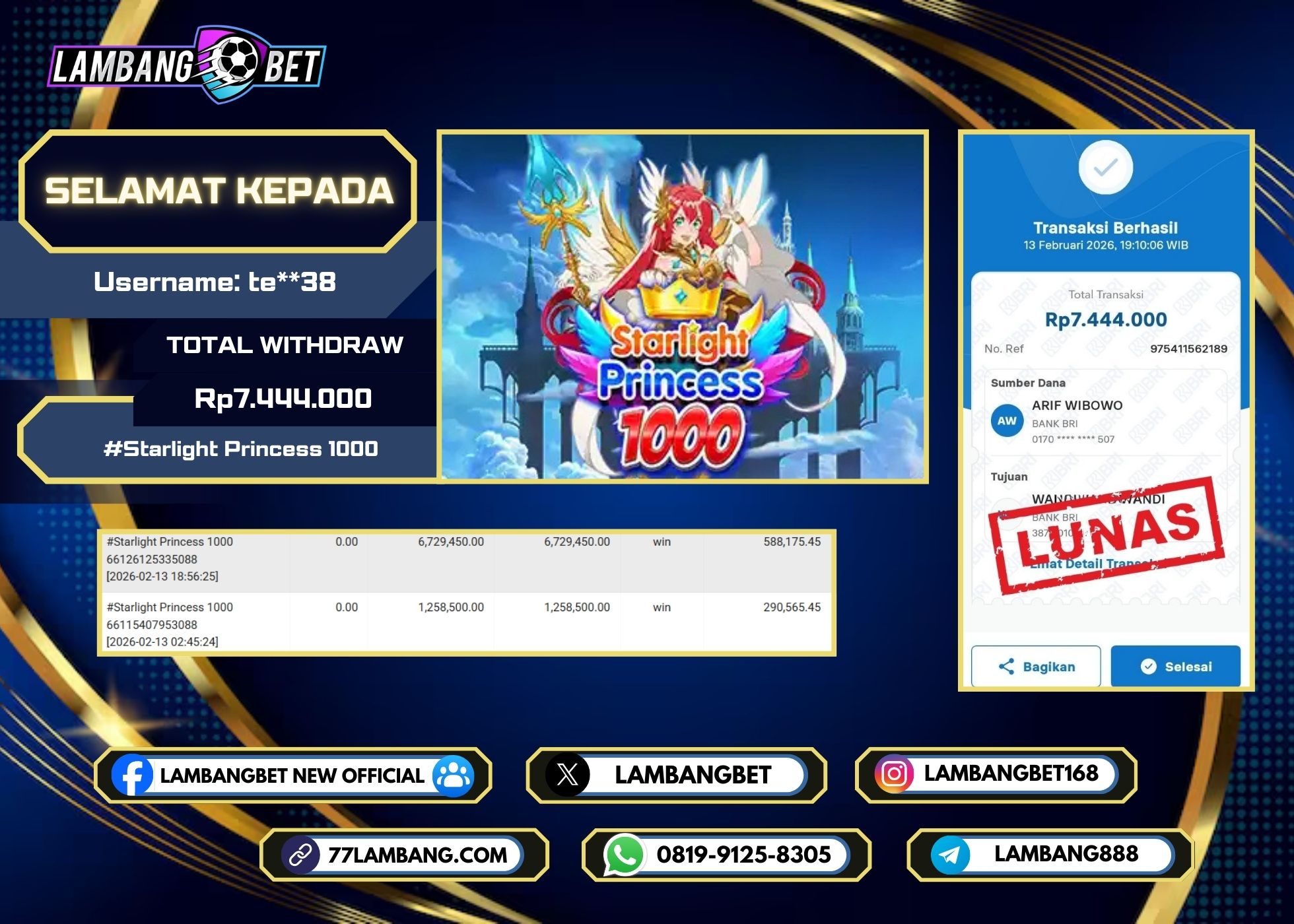 LAMBANGBET [13 FEBRUARI 2025] JACKPOT SLOT Starlight Princess 1000 "Rp7.444.000" LUNAS